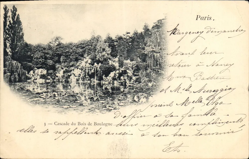 Cascade du Bois de Boulogne — vue de la cascade et du bassin avec nénuphars — éditeur imprimeur non visible, n° de série 3 - Vorderseite