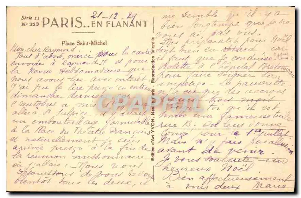 Place Saint-Michel — Paris — Edição de Arte YVON, série 11, n° 213 - Verso