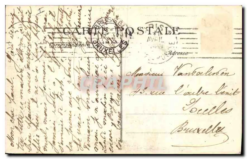 Paris – Praça do Carrousel — Arco da Vitória decorado com estátuas, trêmio e ciclista — editor E.P.D. n° 4254 - Verso