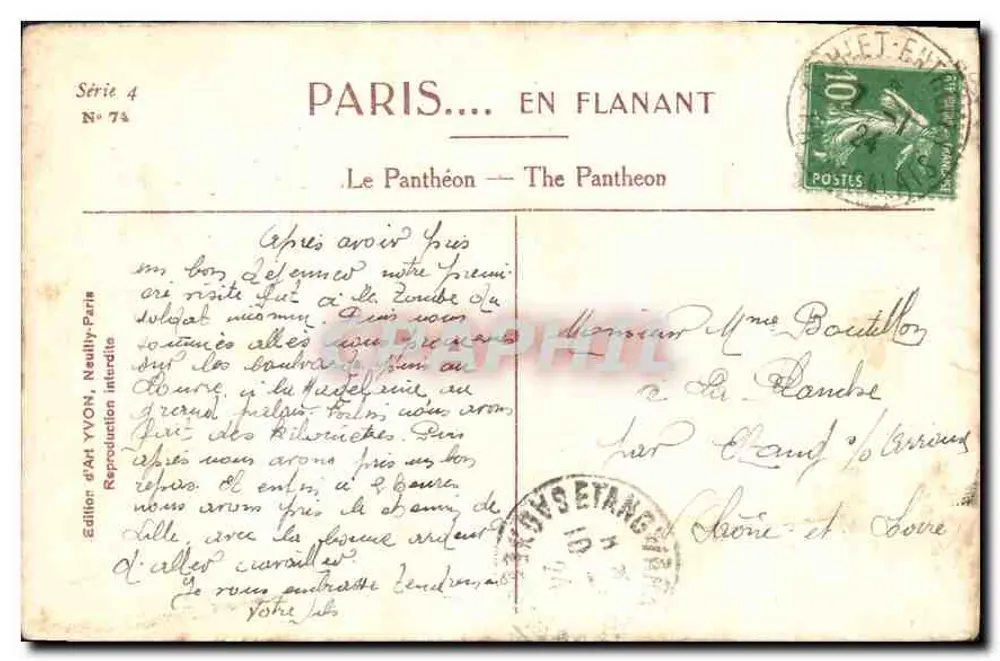 O Panteão — Paris — Edição de Arte YVON, Série 4 N° 74 - Verso