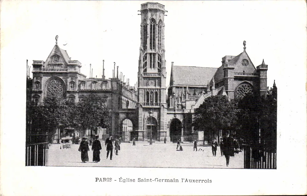 París - Iglesia de San Germain des Prés — vista del edificio con su campanario y sus rosas, impresa en negro - Anverso