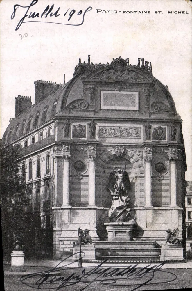 Paris - Fontaine Saint-Michel — vista da fontaine com estátua de anjo — editor L. Furtel, n°30 - Frente