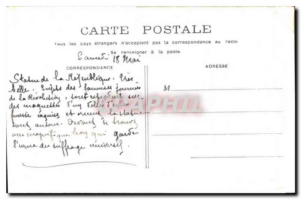Paris — Estátua da República — Editor não identificado, número de série não visível - Verso