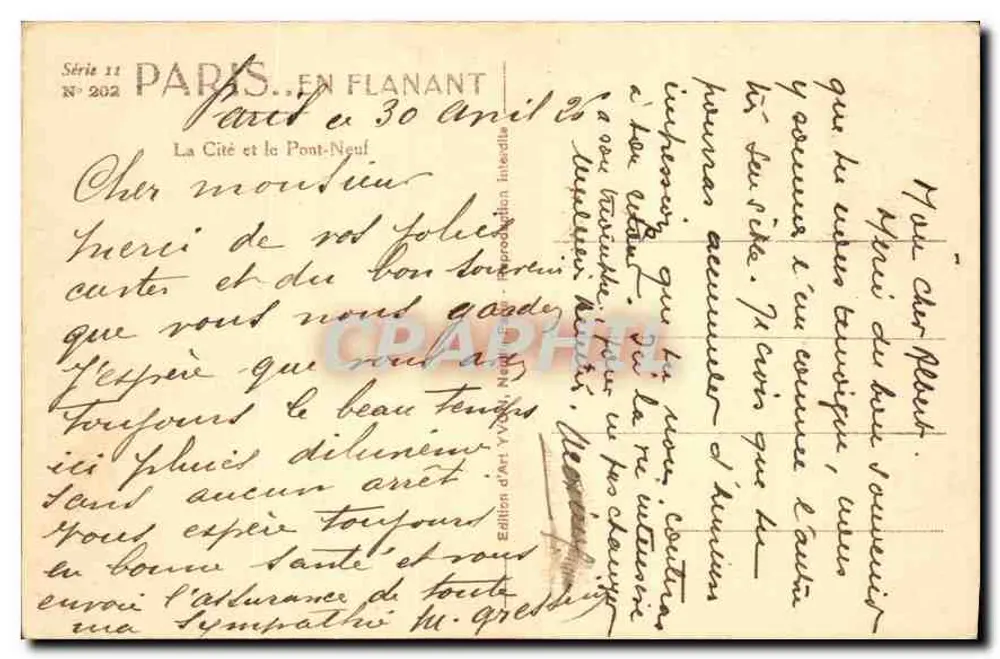 Paris — A Cidade e o Pont-Neuf — Edição de Arte Yvon, Série 11 N° 202 - Verso