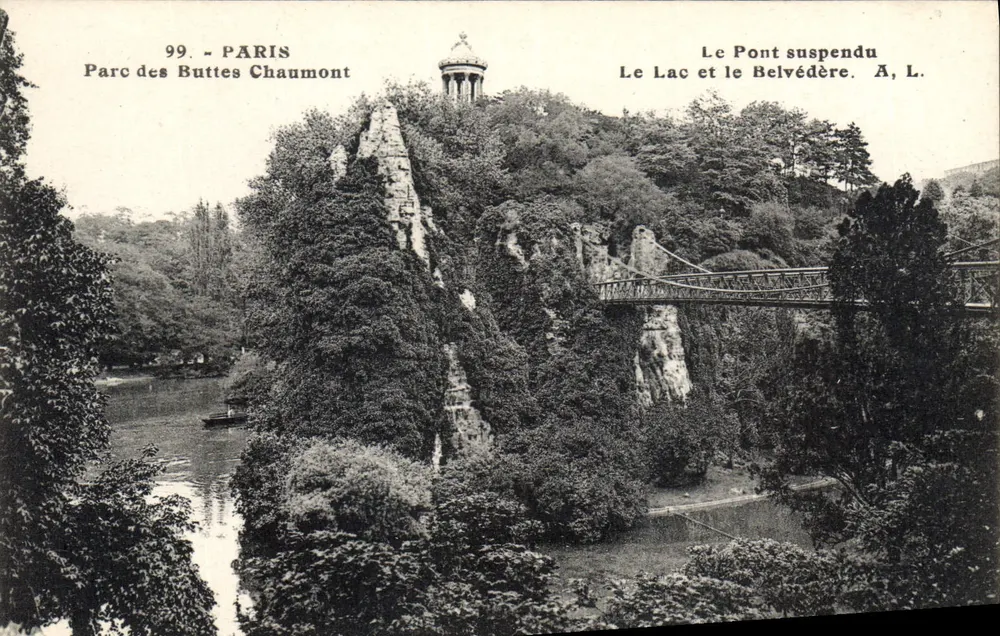 Paris - Park der Buttes Chaumont — Der See und die Hängebrücke — A, L. - Vorderseite