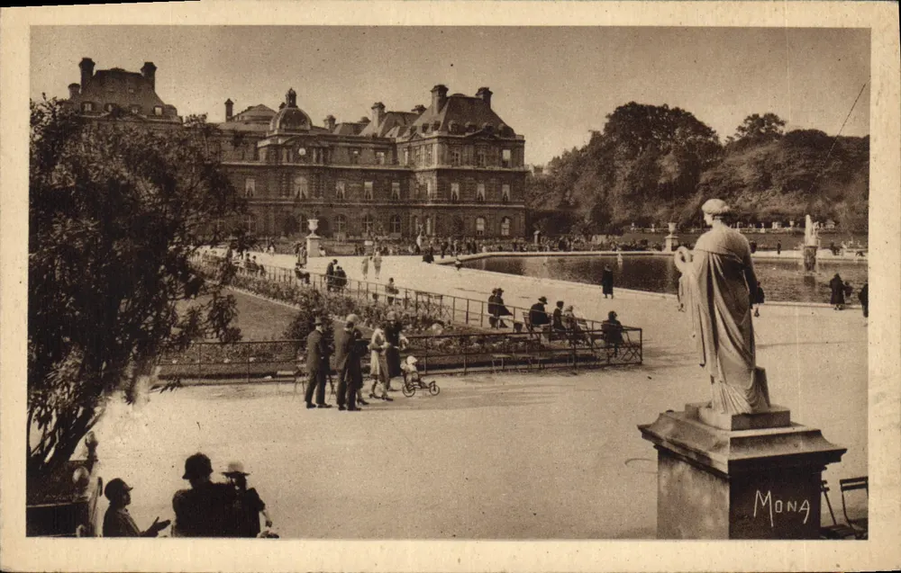 Garten und Palast des Luxembourg — Ansicht des Parks mit Statue — Mong - Vorderseite