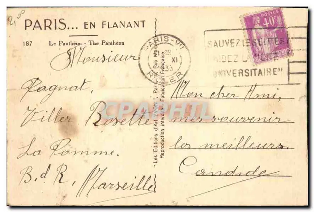 O Panteão — Paris — Edições d'Art Yvon, n°187 - Verso