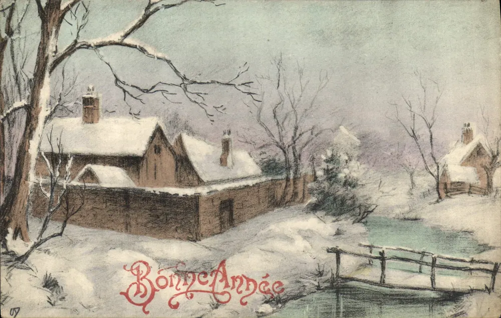 Paisagem invernal — casa nevada com ponte — texto 'Bom Ano' — editor FD, série 9011 - Frente
