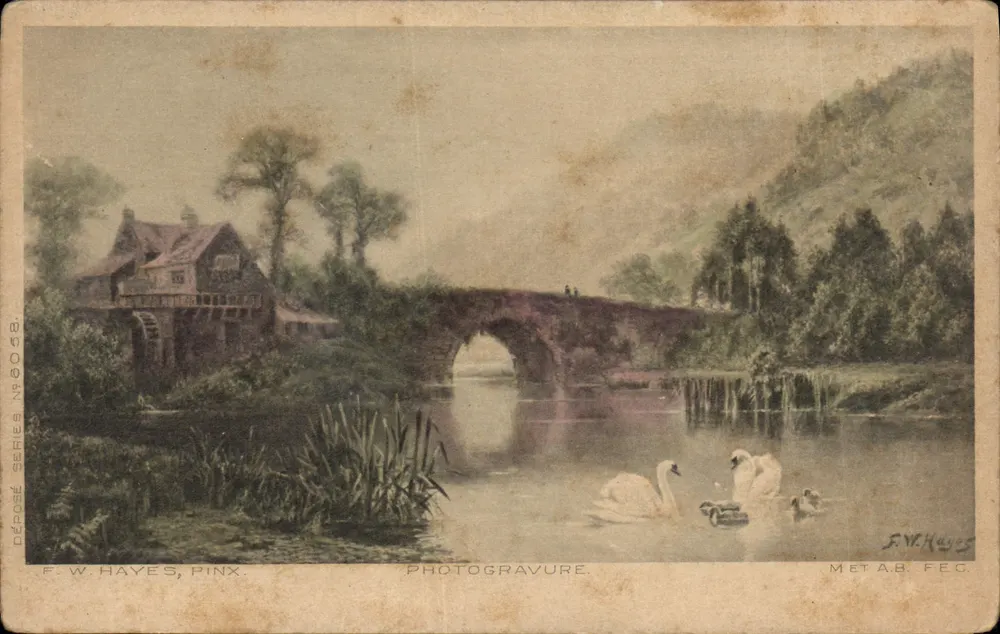Ponte de Pinky — vista com moinho de água e cisnes — F.W. Hayes, Pink - Frente