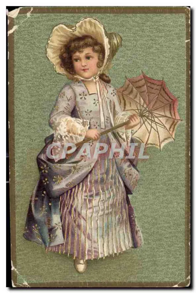 Menina em vestido bordado e guarda-chuva — editor desconhecido, número de série não visível - Frente