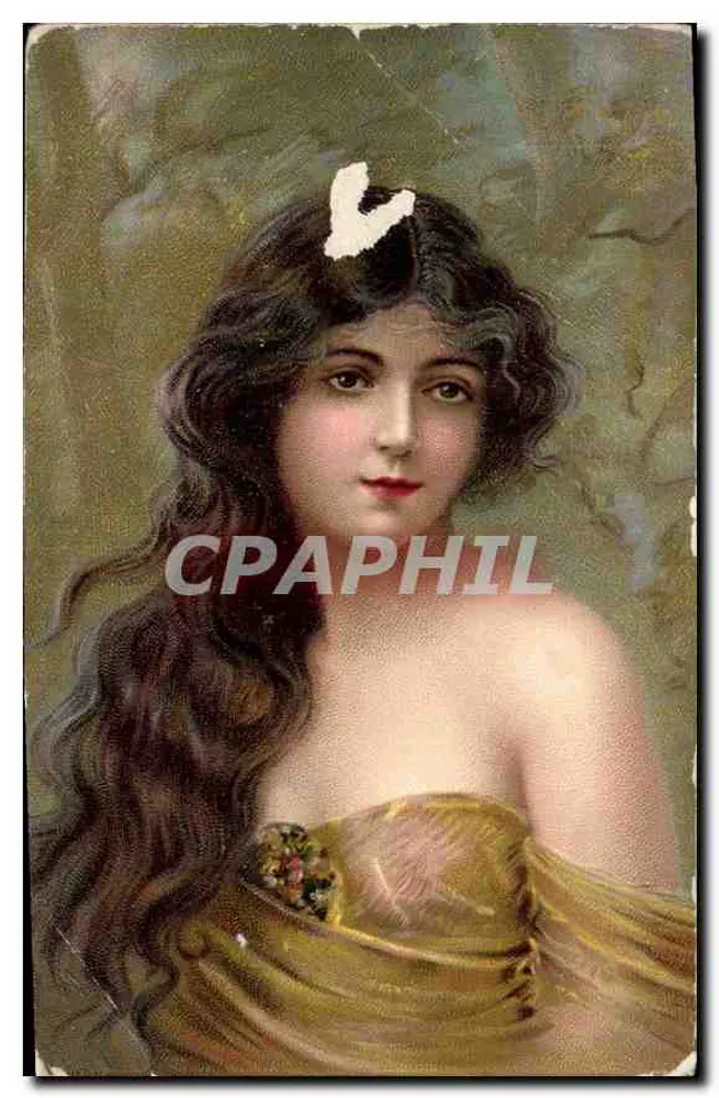 Jovem mulher em vestido dourado — retrato — editor desconhecido, número de série não visível - Frente