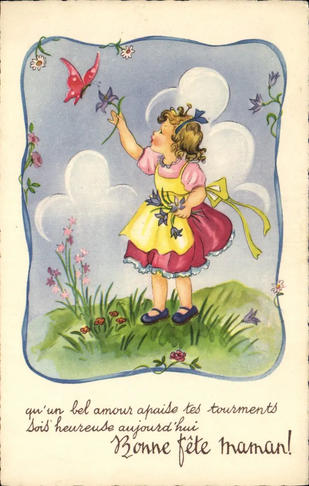 Niña jugando con una mariposa — Feliz cumpleaños mamá — M.D. París, serie n°4.700 - Anverso
