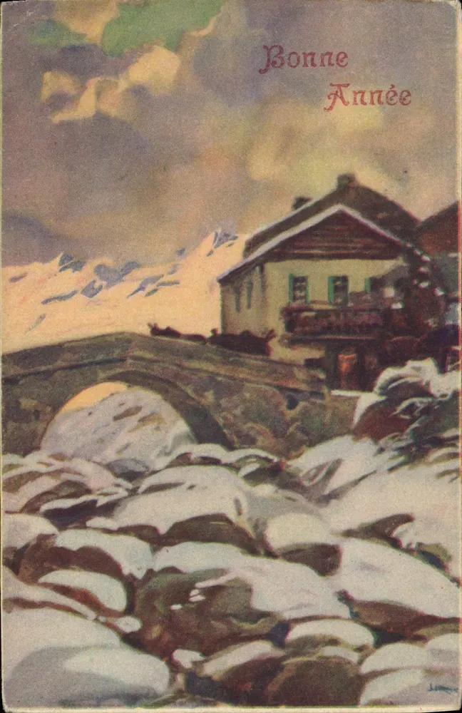 Boa Ano — Visão invernal de um chalé na montanha — Editor não visível - Frente