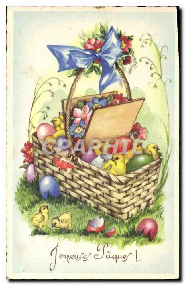 Cesto de Páscoa — ovos coloridos, pintinhos e flores — M. D. Paris, série n° 3715 - Frente