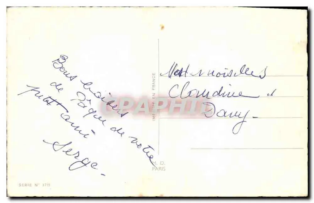 Cesto de Páscoa — ovos coloridos, pintinhos e flores — M. D. Paris, série n° 3715 - Verso
