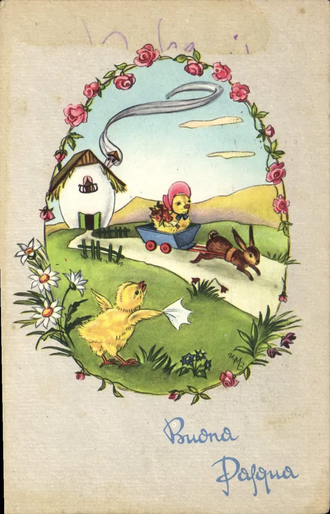 Paisagem de primavera com filhotes e coelho — editor EDIZ. RINUP. — número de série não visível - Frente