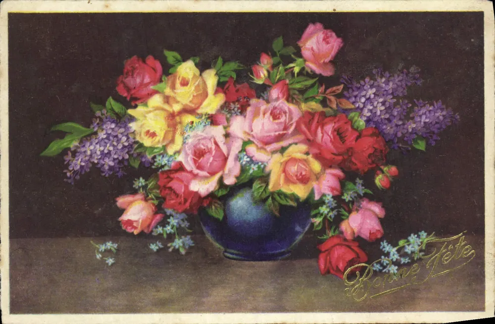 Bouquet van rozen en lilak — Gelukkige verjaardag — onbekende uitgever, serie-nummer niet zichtbaar - Voorkant