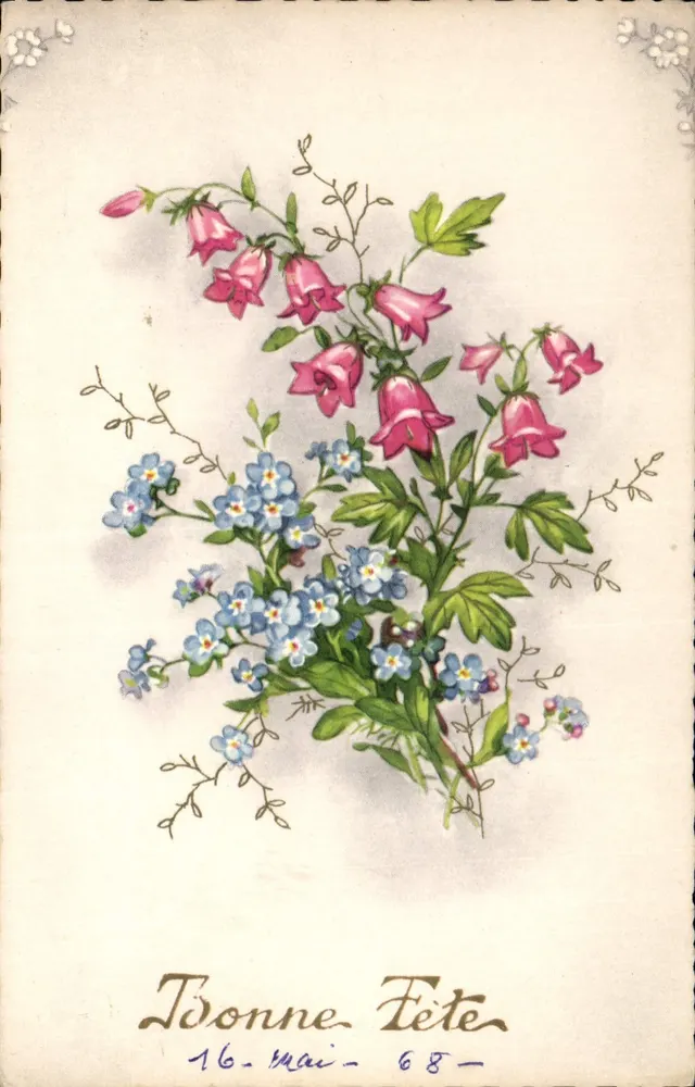 Bouquet van paarse klokjes en muisjes — Gelukkige verjaardag — 16 mei 68 — uitgever niet zichtbaar - Voorkant