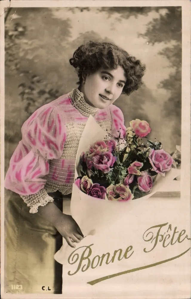 Junge Frau mit Rosenstrauß — Frohe Feier — Edition C.L. n°1123 - Vorderseite