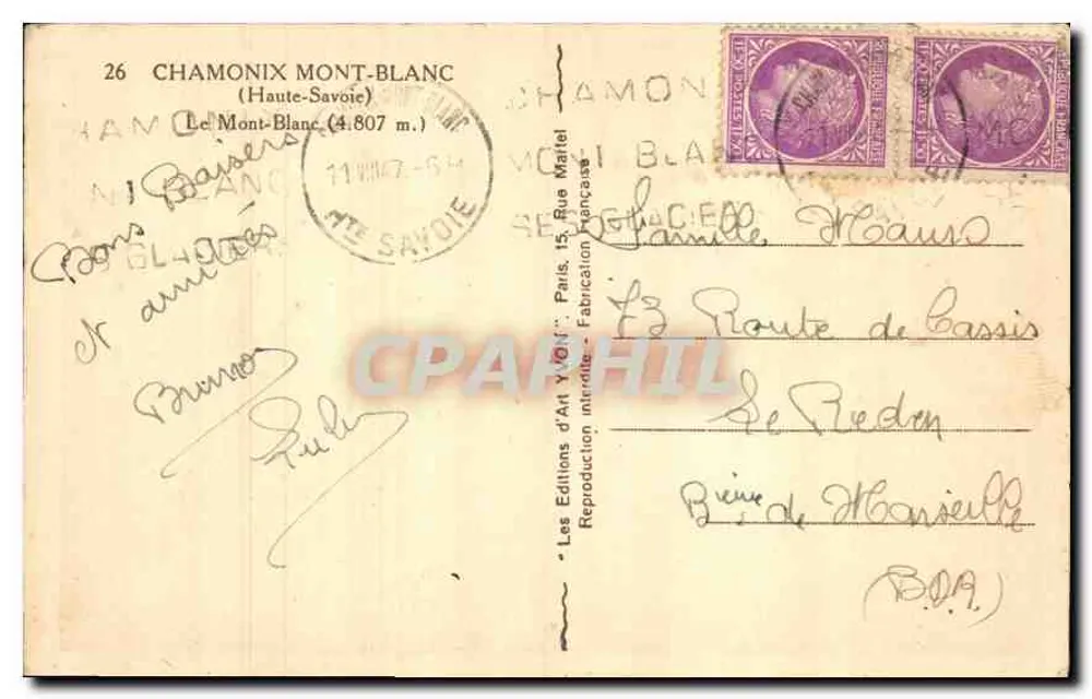 Mont Blanc (4.807 m.) — Chamonix — Éditions d'Art Yvon - Rückseite