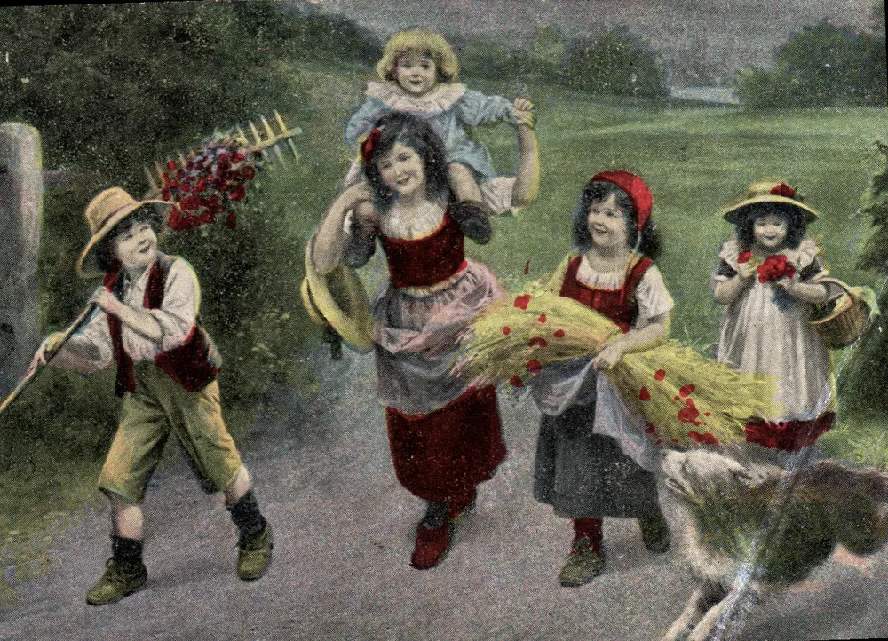 Crianças brincando com flores e feno — editor desconhecido, número de série não visível - Frente