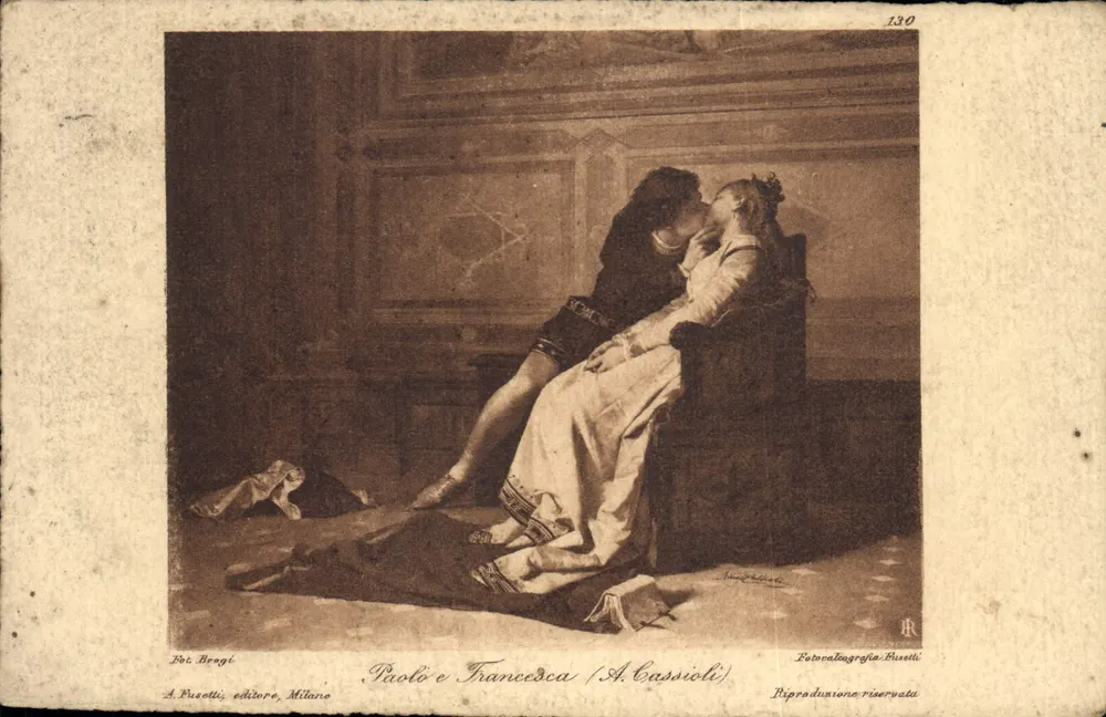 Paolo i Francesca — reprodukcja obrazu A. Cassioli — A. Fusetti, wydawca, Mediolan - Awers