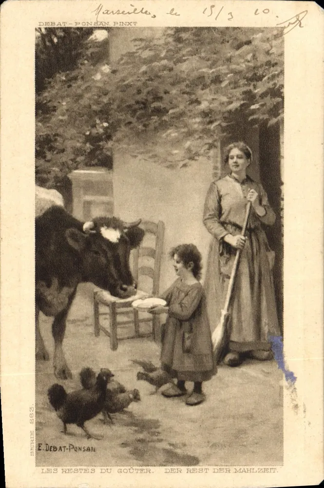 Família alimentando uma vaca — E. Debât-Ponsan, série 893 - Frente