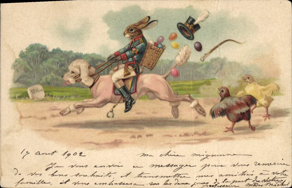 Lapin en uniforme — cavalier sur chien avec panier d'œufs — éditeur NOKIUM - Frente