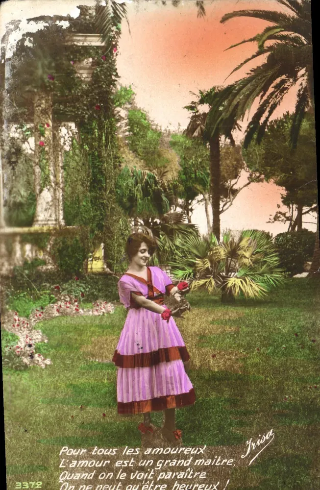 Junge Frau in einem rosa Kleid in einem tropischen Garten — poetischer Text — Verlag Irisa, Nr. 3372 - Vorderseite