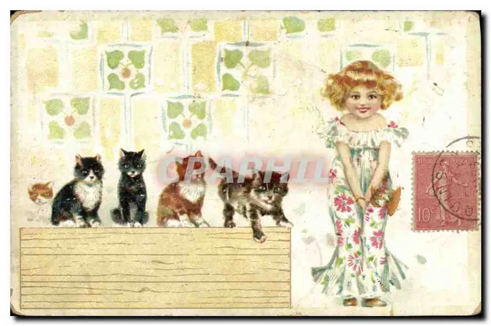 Menina e gatinhos — ilustração — editor desconhecido - Frente