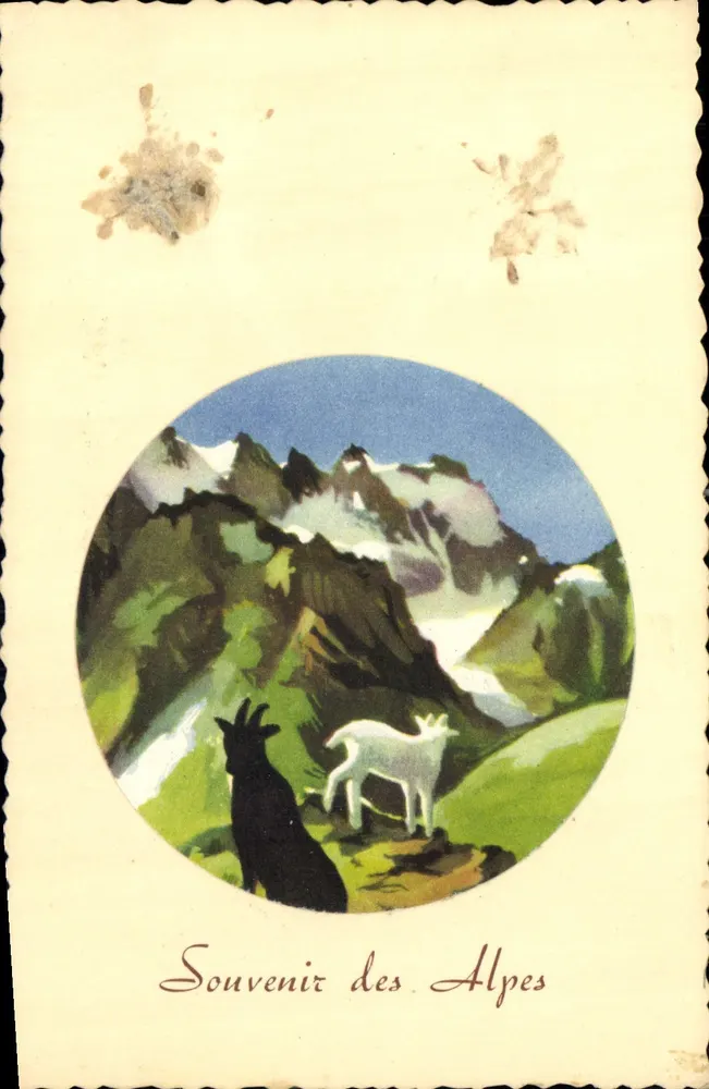 Souvenir dos Alpes — montanhas nevadas, cabras, editor André Grenoble - Frente