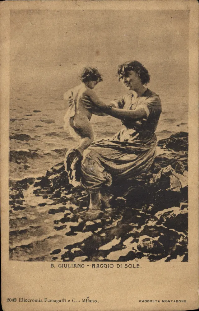 Kobieta i dziecko przy brzegu morza — B. Giuliano - Raggio di Sole — Eliocromia Fumagalli e C. Milano, nr 2042 - Awers