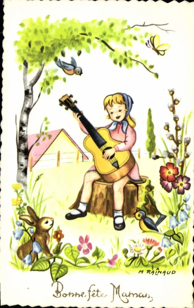 Muttertagfeier — Illustration einer kleinen Mädchen, die Gitarre spielt — M. RAINAUD - Vorderseite