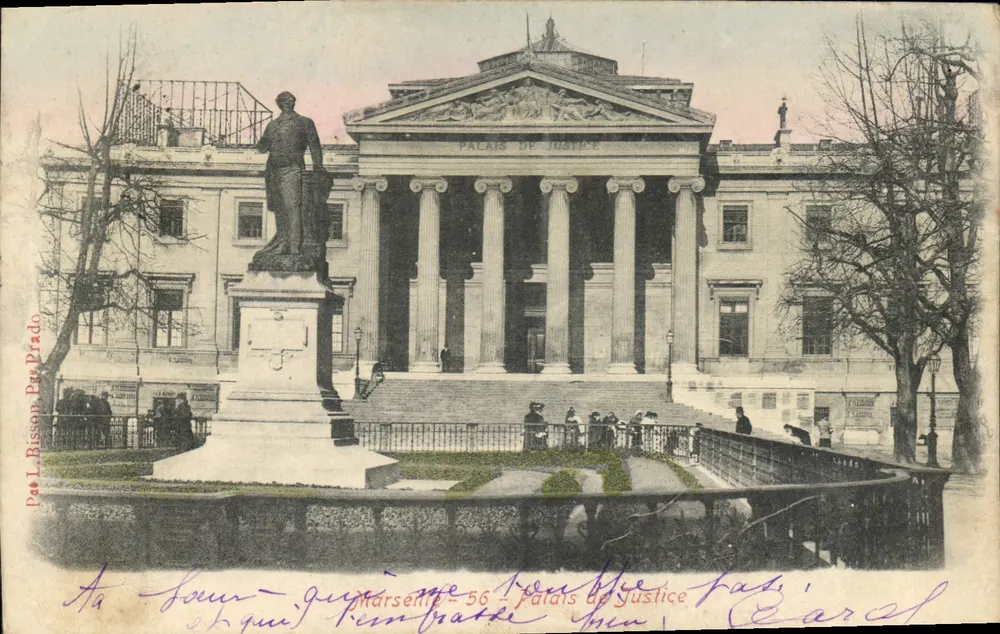 Pałac Sądowy w Paryżu — statua przed budynkiem — wydawca L. Bissone, Prado - Awers