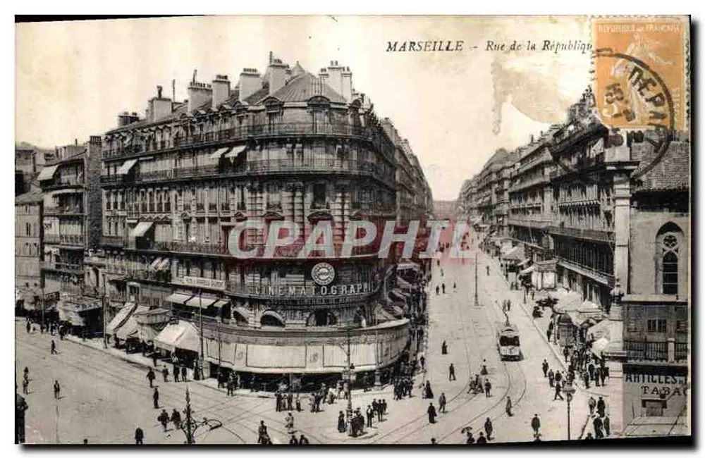 MARSEILLE - Rue de la République — vista do canto com o cinema Matograph — editor desconhecido - Frente