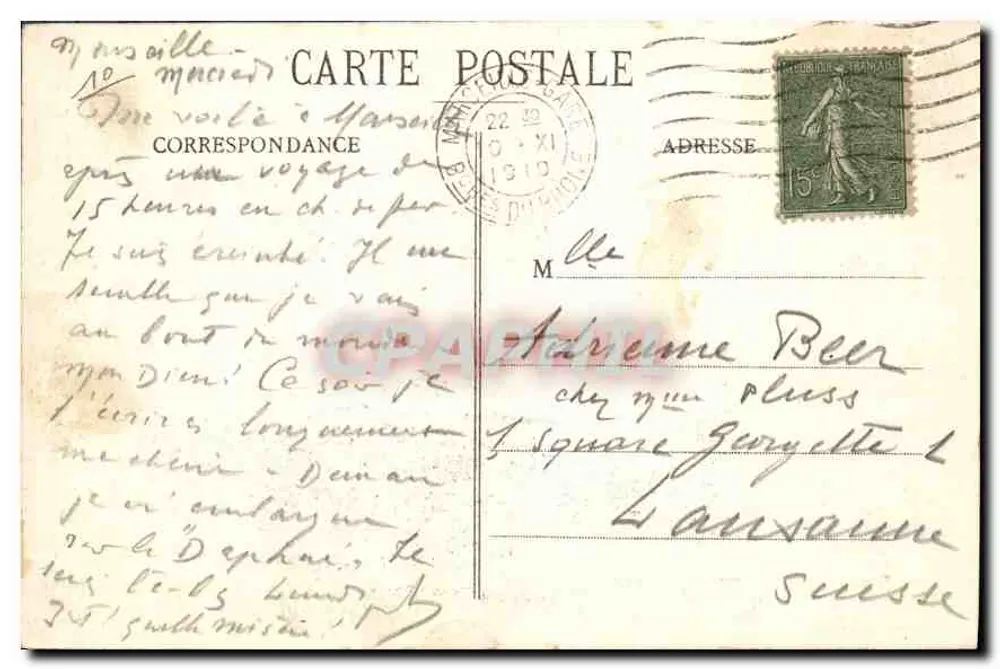 Marselha - La Cannebière — vista da rua com trem e edifícios — Editor EL. n° 149 - Verso