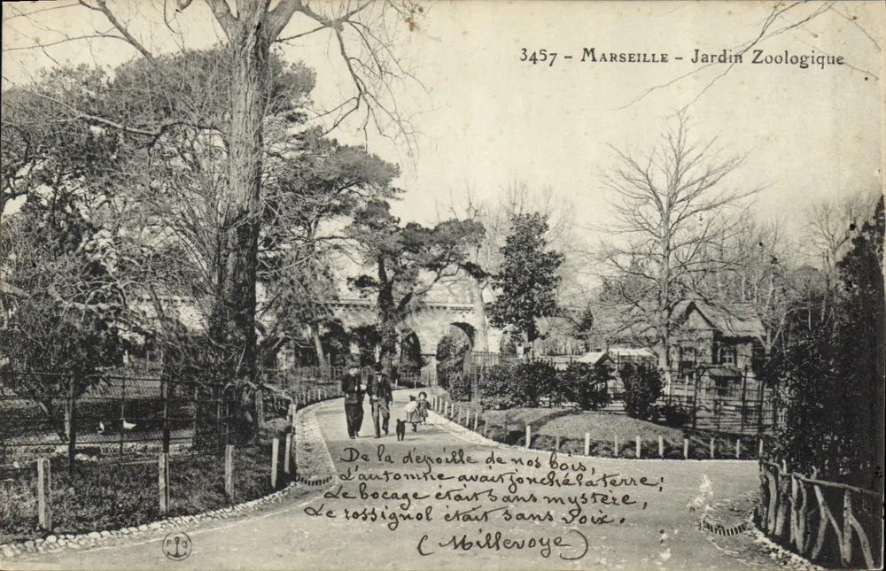 Marsella - Jardín Zoológico — vista del parque con texto poético — editor Millenoye, n° 3457 - Anverso