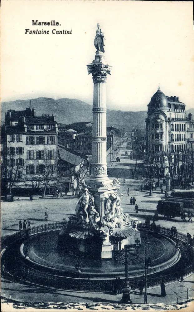 Marseille. Fontaine Cantini — vista da praça com coluna e estátuas — editor não visível - Frente