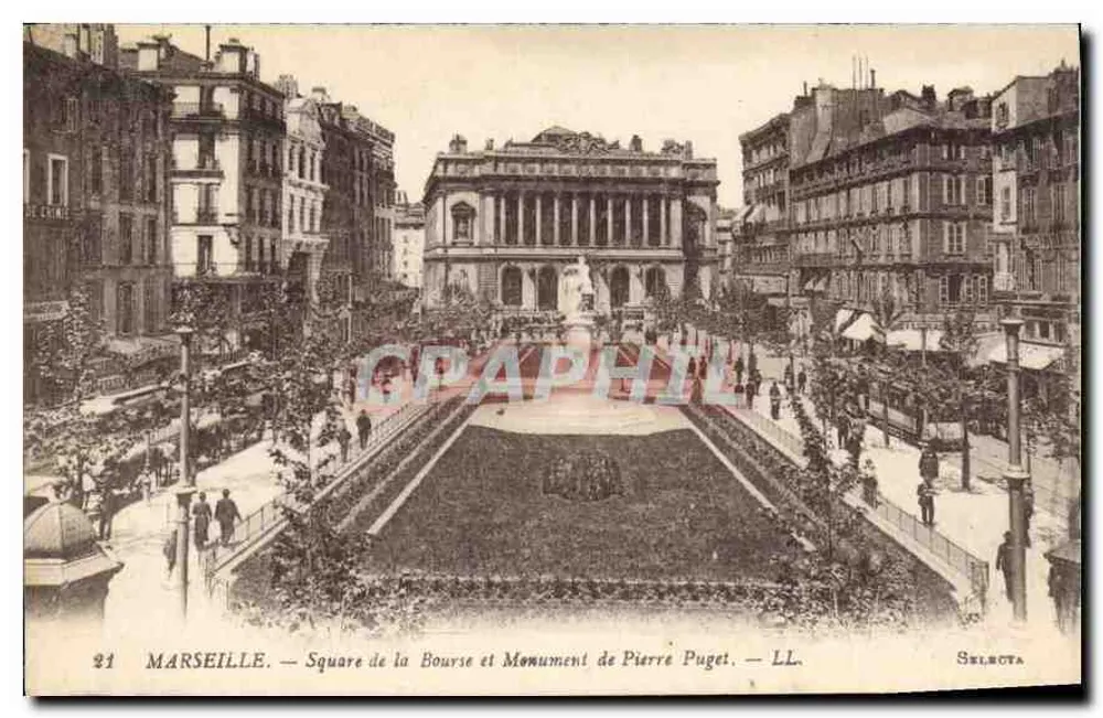 Marsella — Plaza de la Bolsa y Monumento de Pierre Puget — LL. — Selecta - Anverso