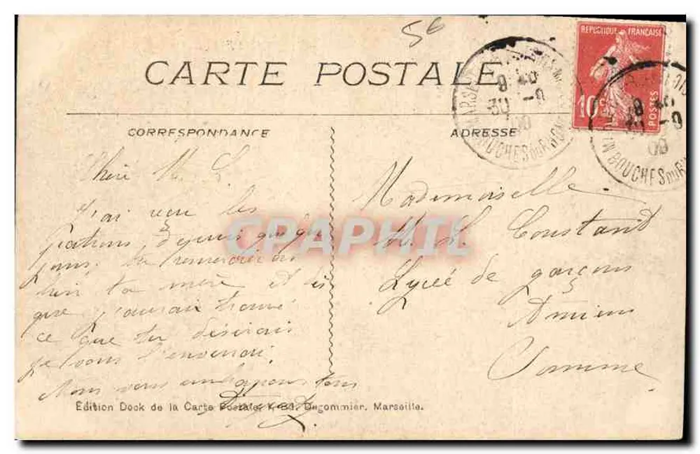 Marselha - O Profeta — vista do porto e das casas na colina — Edição Dook da Carta Postal, Dugommier, Marselha - Verso