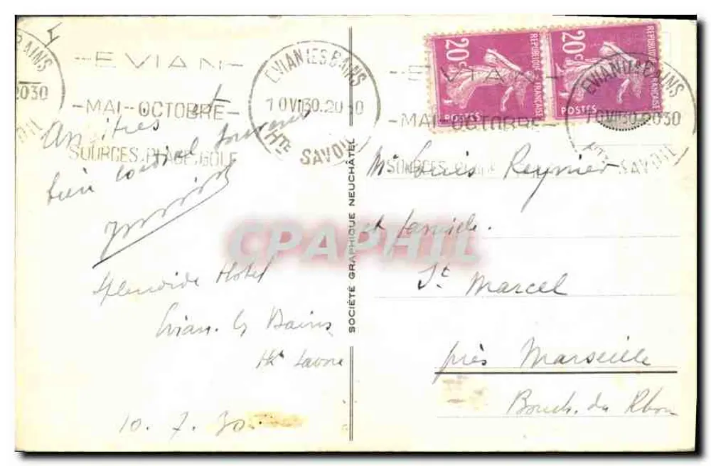 Evian-les-Bains e a Dente d'Oche — Bilhete postal antigo n°1286 — Société Graphique Neuchâtel - Verso