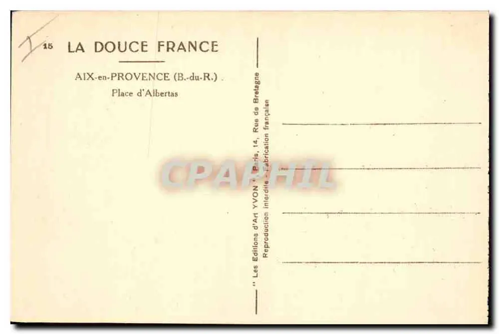 Praça d'Albertas — Aix-en-Provence (B.-du-R.) — Edições de Arte Yvonn - Verso