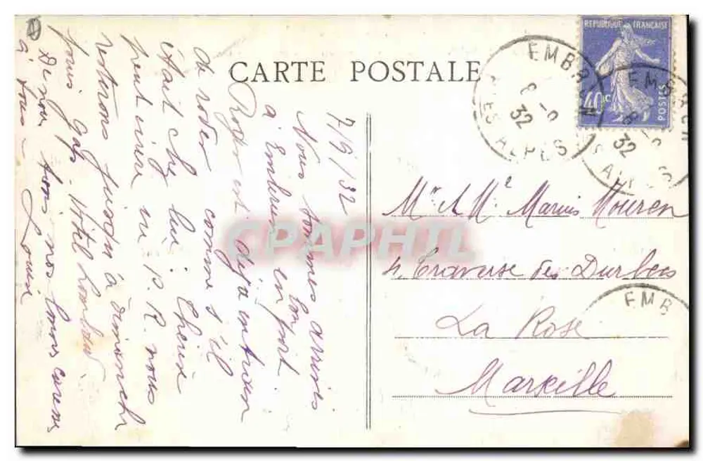 Embrun (870 m.) — allgemeine Ansicht — im Hintergrund, Berg von Orel — Verlag: Les Alpes, Nr. 679 - Rückseite