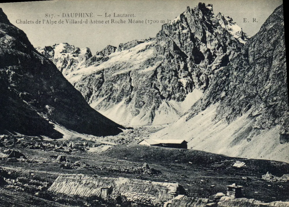 Dauphiné — Der Lautaret. Chalets der Alpe de Villard-d'Arène und Roche Méane (3700 m) — E. R. - Vorderseite