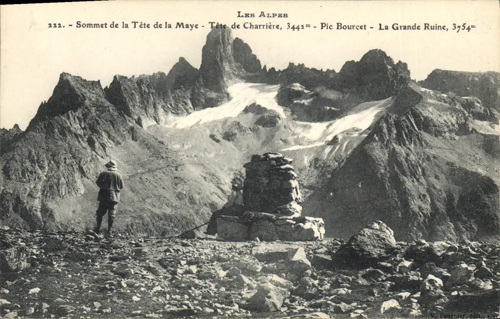 Gipfel der Tête de la Maye - Tête de Charrière, 3442m - Pic Bourcet - La Grande Ruine, 3754m — V. Fournier, Verlag 1905 - Vorderseite