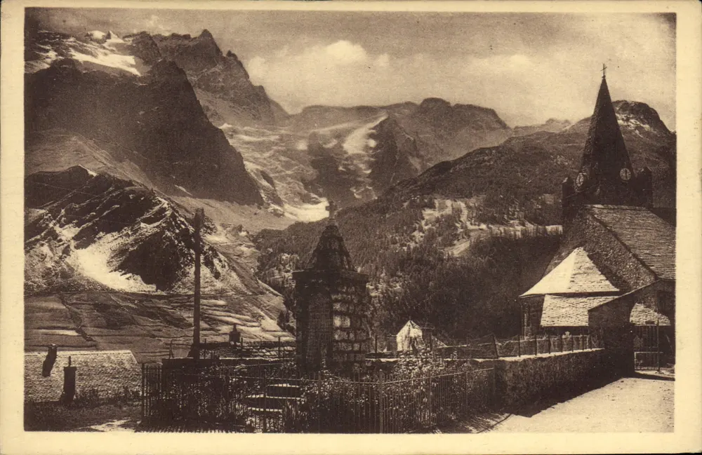 Dauphiné - LA GRAVE (1482 m.) — Die Kirche, das Denkmal und die Meije (3987 m.) — A. Mollaré - Grenoble - Vorderseite