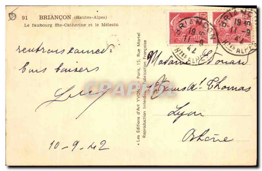 Briançon (Hautes-Alpes) — Le faubourg Ste-Catherine und der Mélezin — Les Éditions d'Art Yvon, n°91 - Rückseite