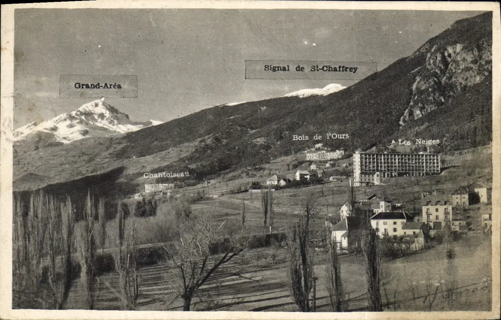 Chantoliseau — Vista panorámica de las montañas y los establecimientos termales — Edición Thomas, Briançon - Anverso