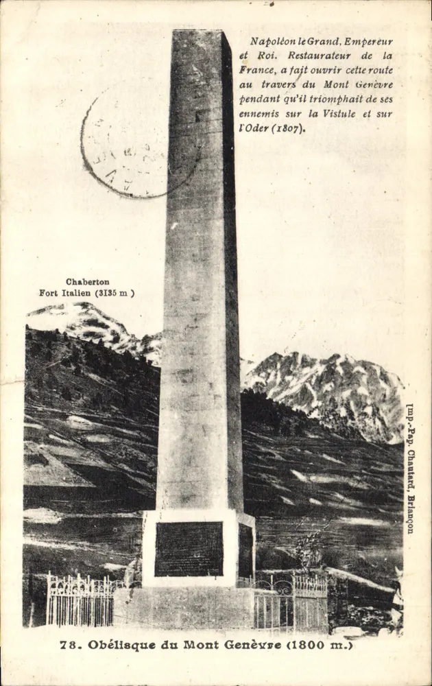 Obélisco do Monte Genebra — Chaberton, Forte Italiano (3135 m) — Imp. Pap. Chabard, Briançon, n°78 - Frente