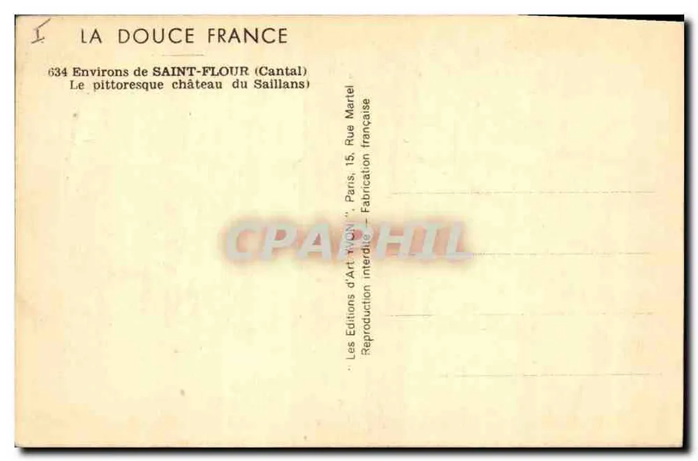 Schloss Saillans — Umgebung von Saint-Flour (Cantal) — Les Éditions d'Art 'Yvon', n°634 - Rückseite